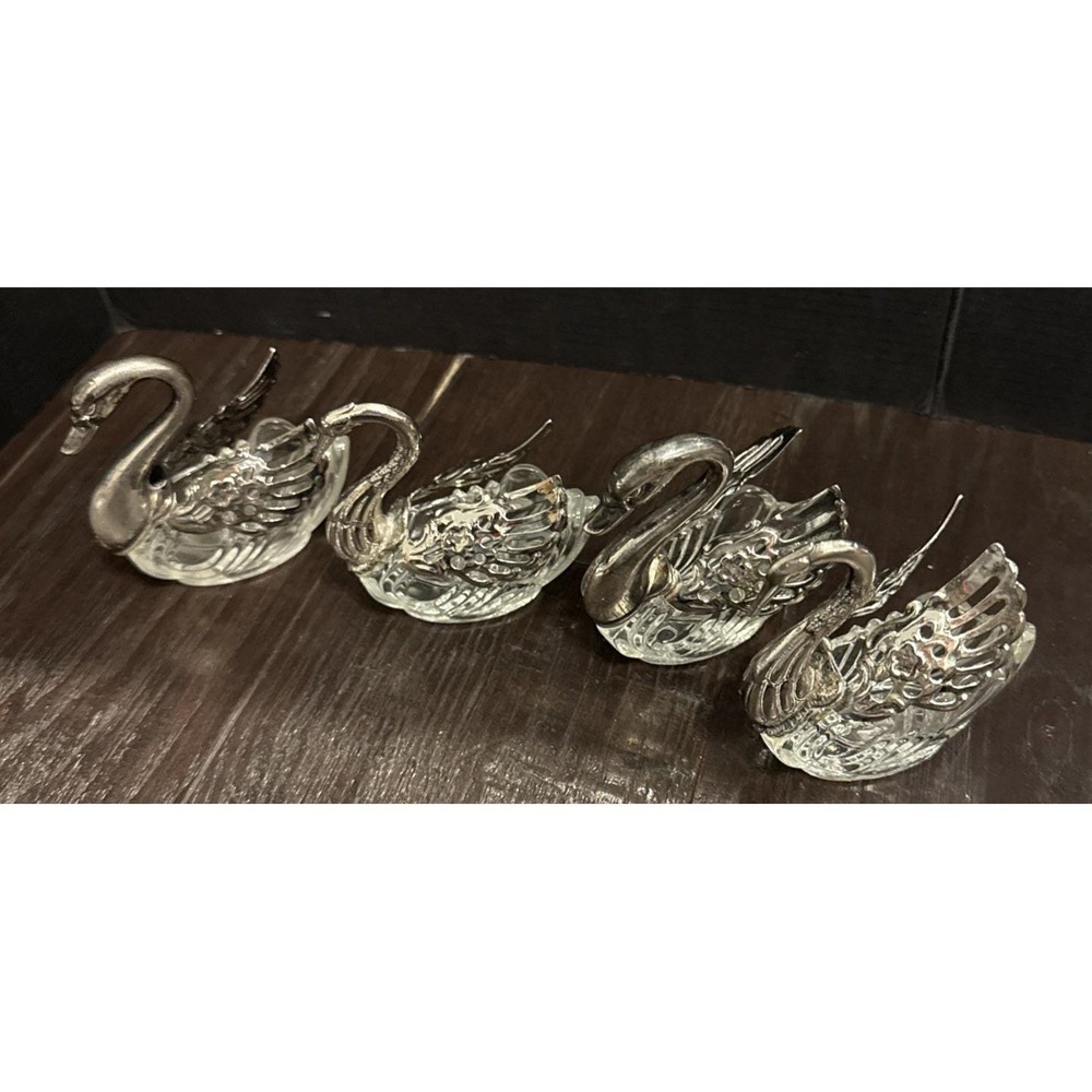 Vtg Italy Silverplate Glass Swan Open Salt Cellar Dish Moveable Wings Set Of 4